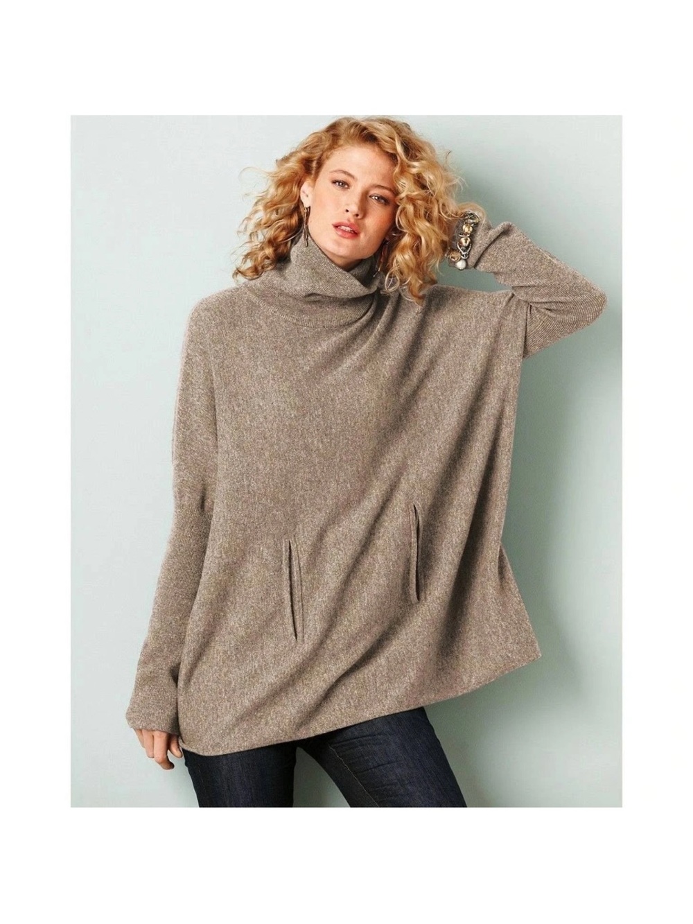 Garnet Hill Gray Cashmere Turtleneck Pocket Sweater - Picture 2 of 11